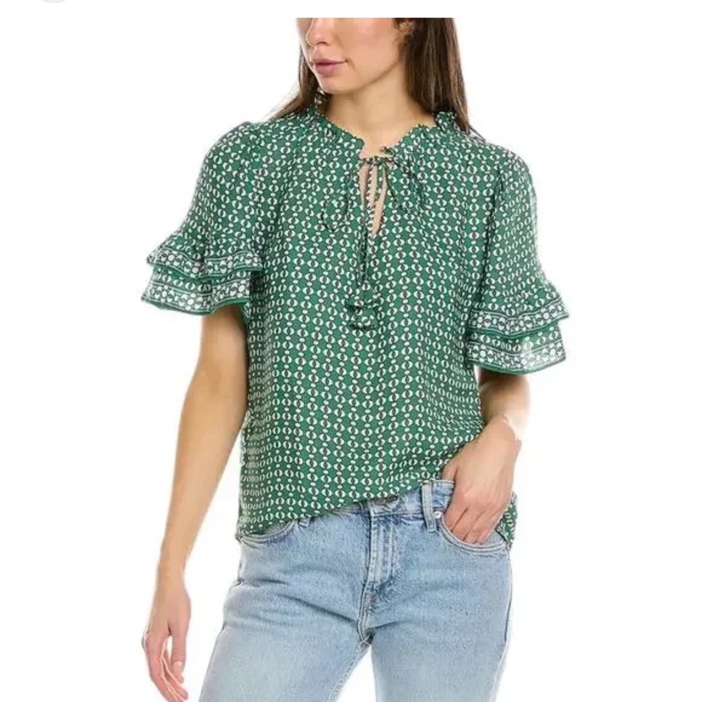 Max Studio Green White Geo Bell Ruffle Sleeve Tie Neck Closure Top size Small